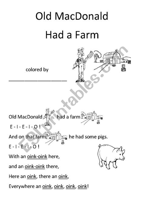 Old Macdonald Had A Farm Esl Worksheet By Eawarwick