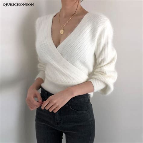 Korean Sexy Cropped V Neck Sweater Women Spring Autumn Warm Faux Mink