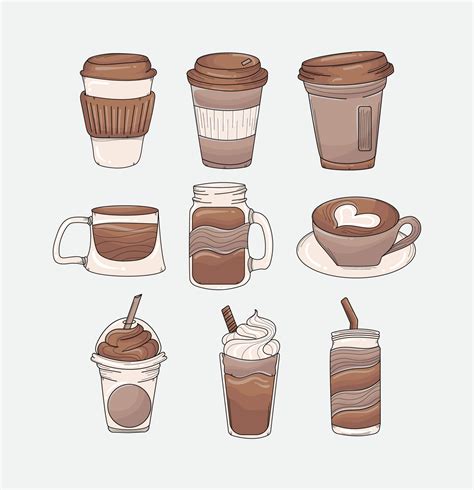 Different Types of Coffee to go, Iced Coffee, Hot Coffee Mugs Vector