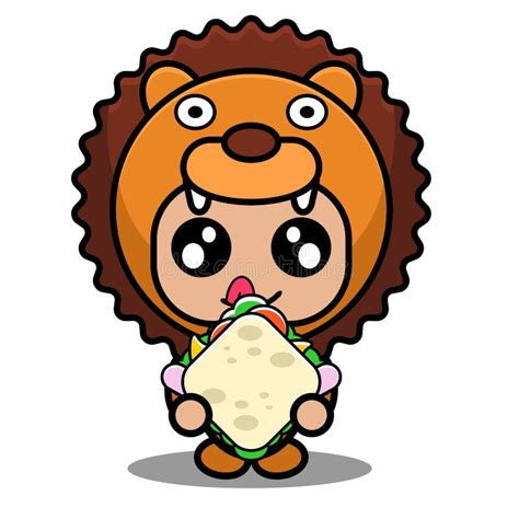 Lion Animal Mascot Costume Eating Sandwich Stock Vector Illustration