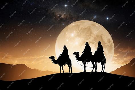 Premium Ai Image Silhouette Of Three Wise Men Riding Camels Following Star Path