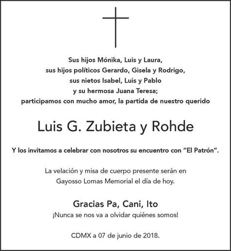 Se Or Luis G Zubieta Y Rohde Obituario Esquela