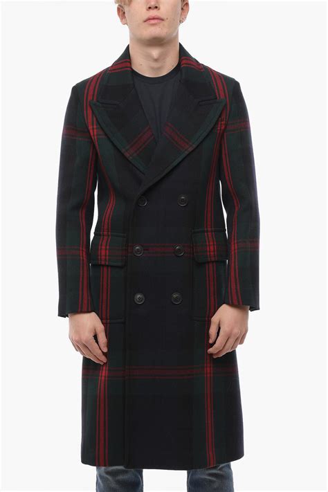 Burberry Tartan Motif Double Breasted Wool Coat Men Glamood Outlet