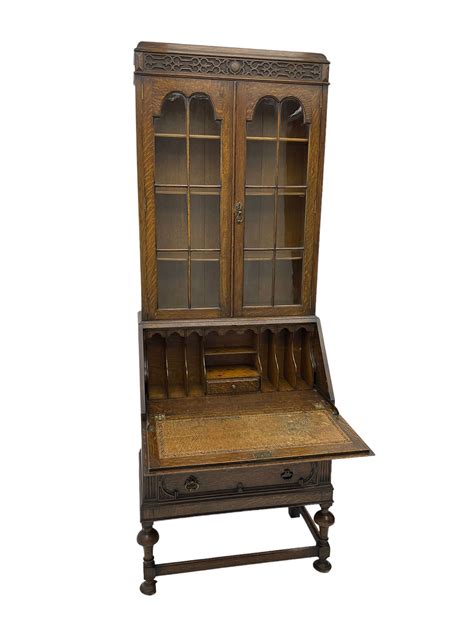 Early To Mid 20th Century Oak Bureau Bookcase Blind Fretwork Frieze Over Two Astragal Glazed