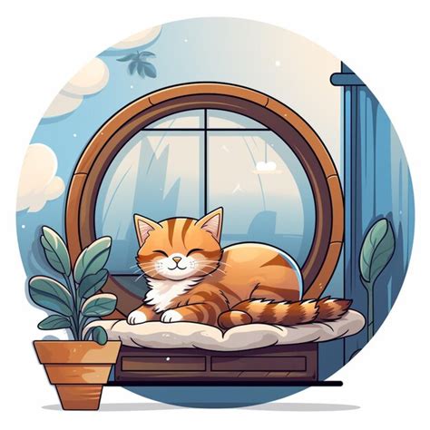 Premium AI Image Cartoon Cat Sleeping On A Window Sill With A Potted