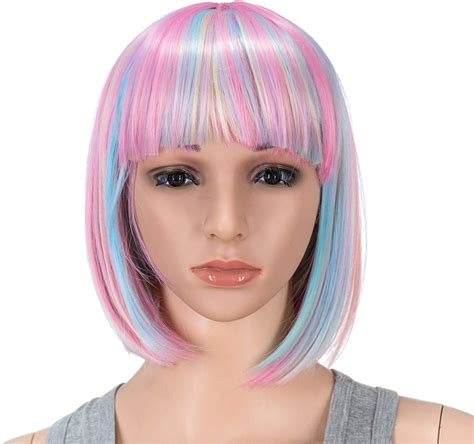 Swacc Short Straight Bob Wig With Bangs Synthetic Colorful Cosplay Daily Party