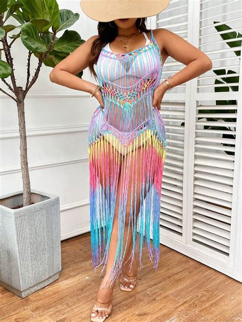 Shein Swim Curve Vestido Poncho Tric Plus Size Bloco De Cor Franja