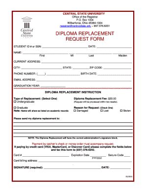 Fillable Online Diploma Replacement Request Form Centralstate Edu Fax