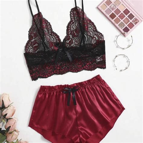 Classic Sexy Floral Lace Bralette With Satin Shorts Depop