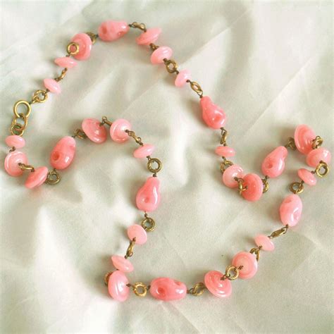 Pink Art Glass Hand Crafted Beads And Hand Wired Brass Vintage 32” Necklace Vintage Brass And