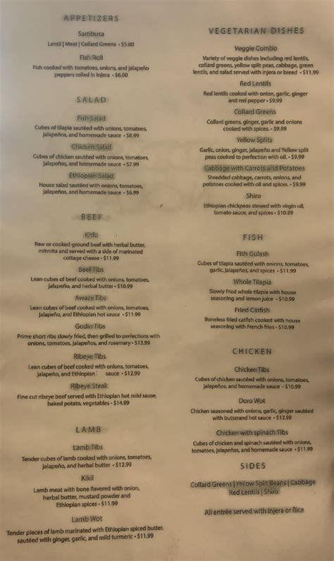 Menu At Addis Nola Restaurant New Orleans