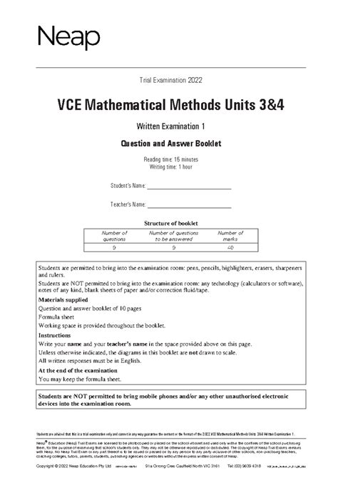 Vce Mathematical Methods Units Exam Question And Answer Booklet