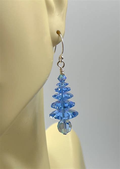 Swarovski Crystal Sapphire Christmas Tree Earrings Sterling Silver Ear Wires 5 Tier Tree Blue