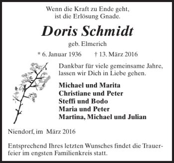 Traueranzeigen Von Doris Schmidt Trauer Nordkurier