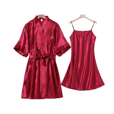 Aherbiu Satin Pajama Dresses For Women 2 Piece Open Front Bathrobe With