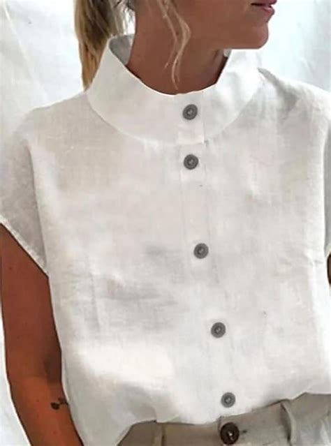 Per Donna Camicia Blusa Maglia A Collo Alto Bianco Liscio Pulsante