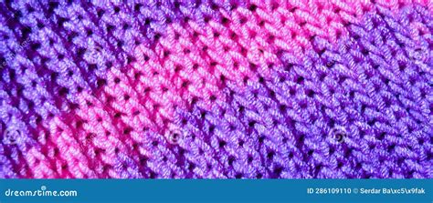 Handmade Knitted Fabric Purple Wool Background Texture Stock Photo