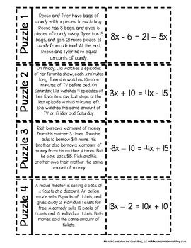 Real World One Variable Equations Puzzles Teks C Math Game Station