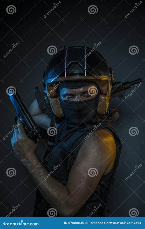 Danger Murderer With Motorcycle Helmet And Guns Stock Image Image Of