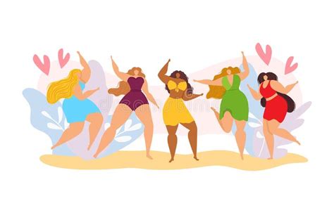 Happy Body Positive Woman Group Vector Illustration Girl Person Character Show Their Beauty