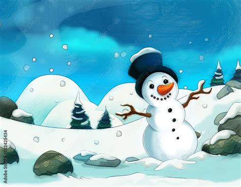 Cartoon scene with a snowman - background for different fairy tales - illustration for the ...