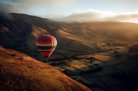 Un globo aerostático sobrevuela un valle con el sol brillando en el