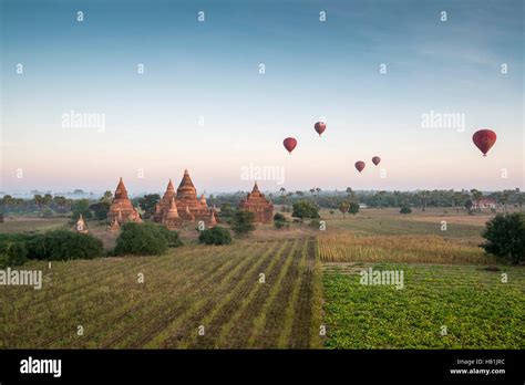Bagan Myanmar Hot Air Balloons Fly Over The Temples Stock Photo Alamy