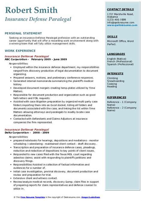 Insurance Defense Paralegal Resume Samples QwikResume