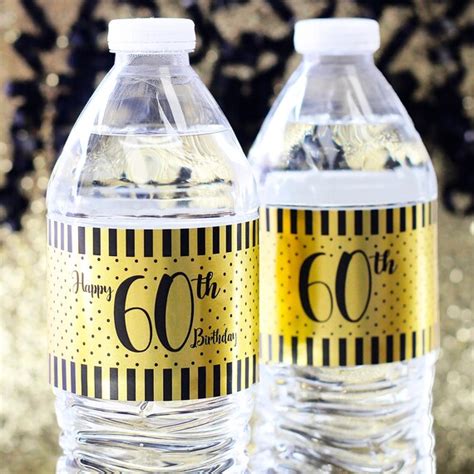 60th Birthday Water Bottle Labels Black And Gold 60th Etsy