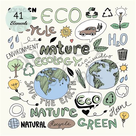 Eco Recycle Doodle Recycling Icons Clipart Scrapbook Set Hand Drawn