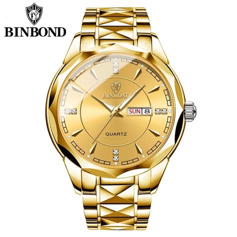 BINBOND Golden Business Men S Luxury Watch Stainless Steel Waterproof