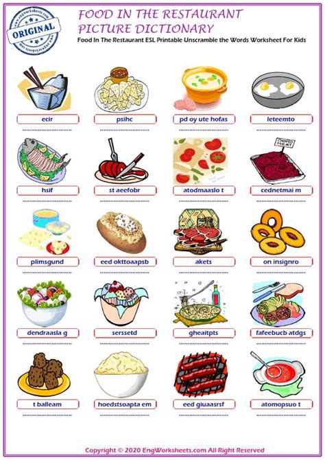 Food In The Restaurant Printable English Esl Vocabulary Worksheets