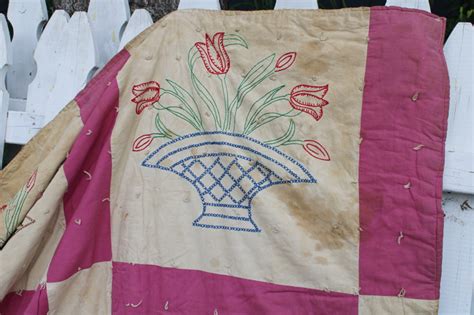 1930s Vintage Quilt Embroidered Cotton Flour Sacks Fabric Shabby