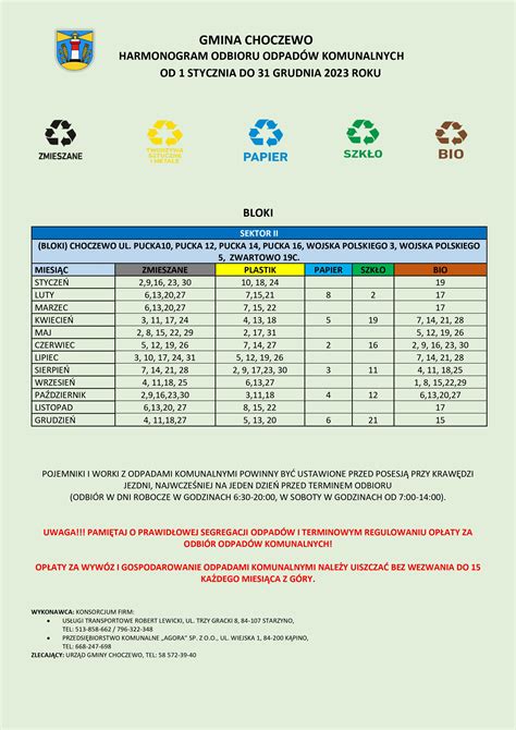 HARMONOGRAM ODBIORU ODPADÓW KOMUNALNYCH 2023 Urząd Gminy Choczewo