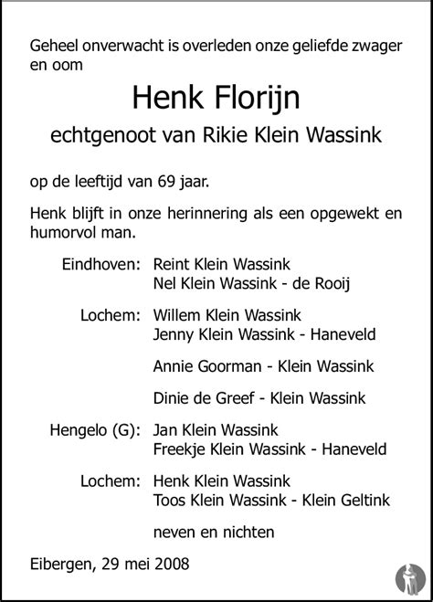 Gerrit Hendrik Henk Florijn 29 05 2008 Overlijdensbericht En