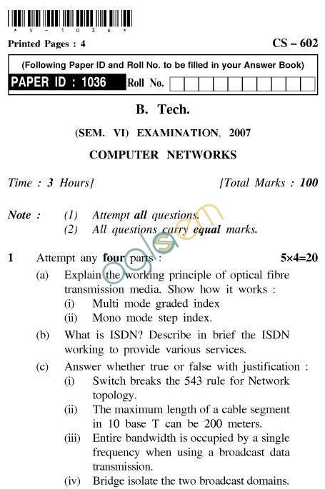 Aktu B Tech Question Paper Cs 602 Computer Networks Aglasem Institutes