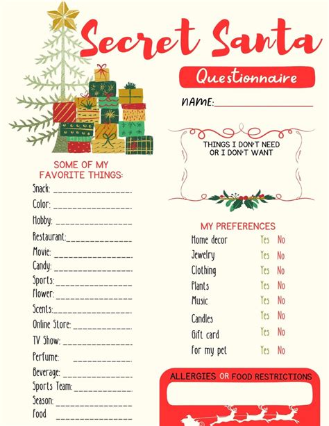 Secret Santa Questionnaire Secret Santa Form Printable Gift Etsy UK