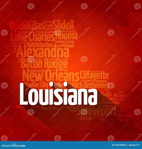 List of Cities and Municipalities in Louisiana USA State, Map Silhouette Word Cloud Map Concept