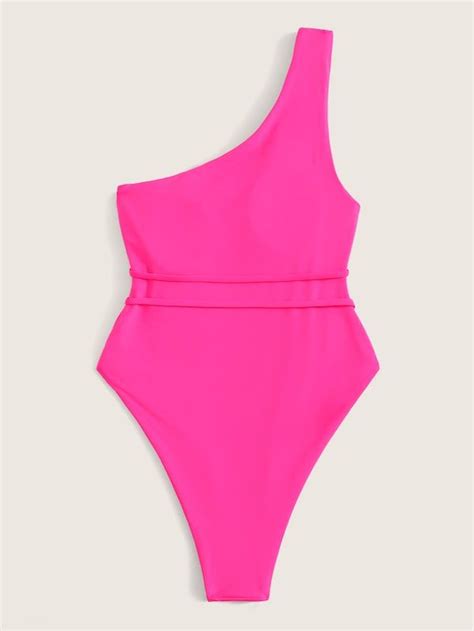 Neon Pink One Shoulder Belted One Piece Swimsuit One Piece One Piece