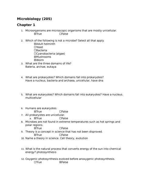 Chapter 1 Worksheet Microbiologey Microbiology 205 Chapter 1