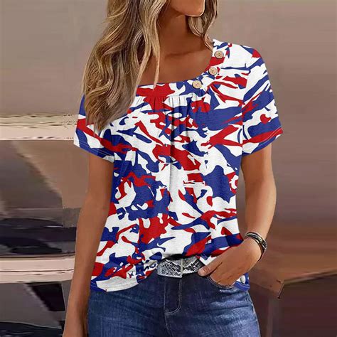 Sksloeg 4th Of July Tops For Women 2024 Short Sleeve Pleated Button Decoration Square Neck