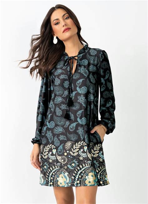 Vestido Soltinho Paisley Preto Tassel Quintess