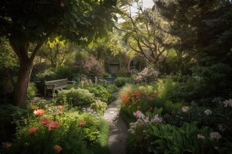 Lush Garden With Vibrant Blooms Surrounded By Towering Trees Stock