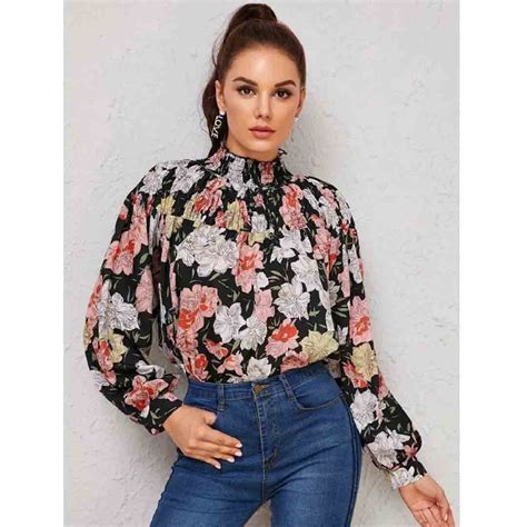 Womens Chiffon Floral Print Smocked Mock Neck Tops Blouse For Outing