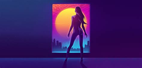 Wallpaper Ass Retrowave Synth Digital Art Women Synthwave Silhouette 2900x1400