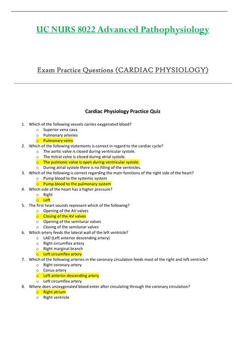 Exam Practice Questions Cardiac Physiology Nurs Nurs