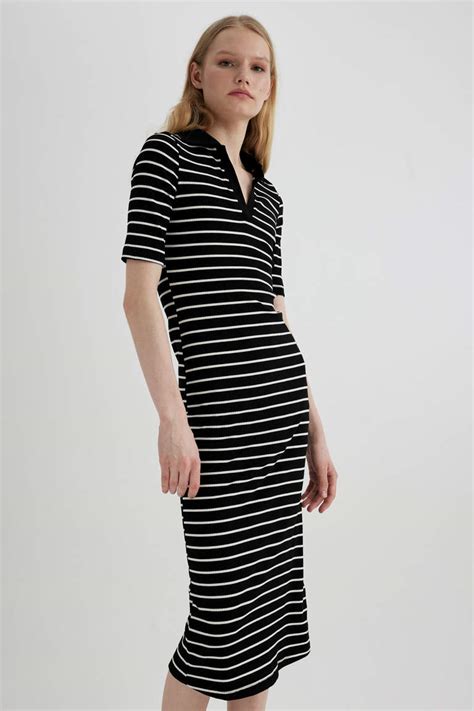 Black Woman Bodycon Polo Neck Striped Ribbed Camisole Midi Dress