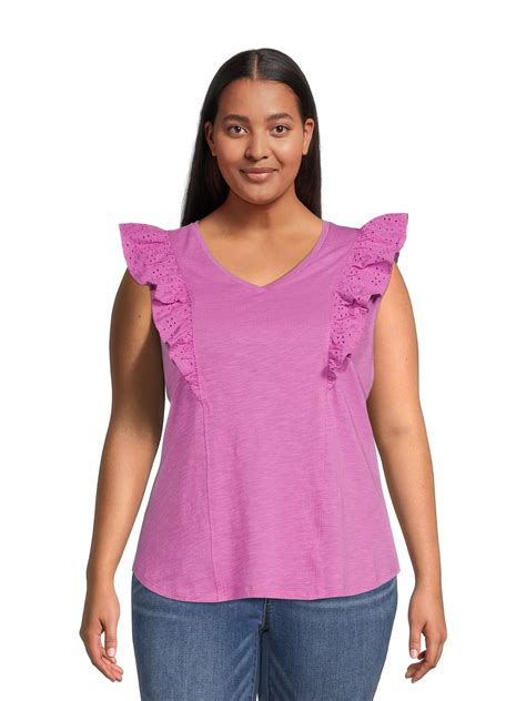 Terra And Sky Womens Plus Size Ruffled V Neck Top