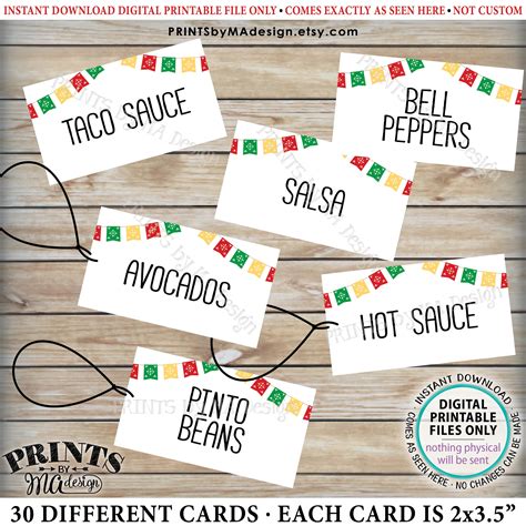 Taco Bar Labels With Flags Fiesta Mini Menu Taco Menu Signs Printable 8 5x11” Sheet Of Thirty