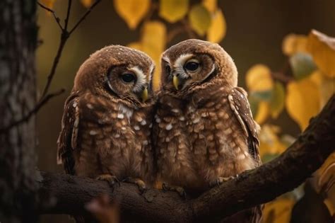 Premium AI Image | Two owls sit on a branch with yellow leaves in the ...